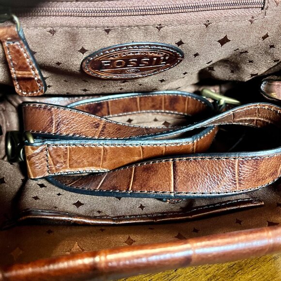 Vintage Fossil VRV Brown Leather Croc Embossed Handbag Crossbody Purse - Picture 10 of 10